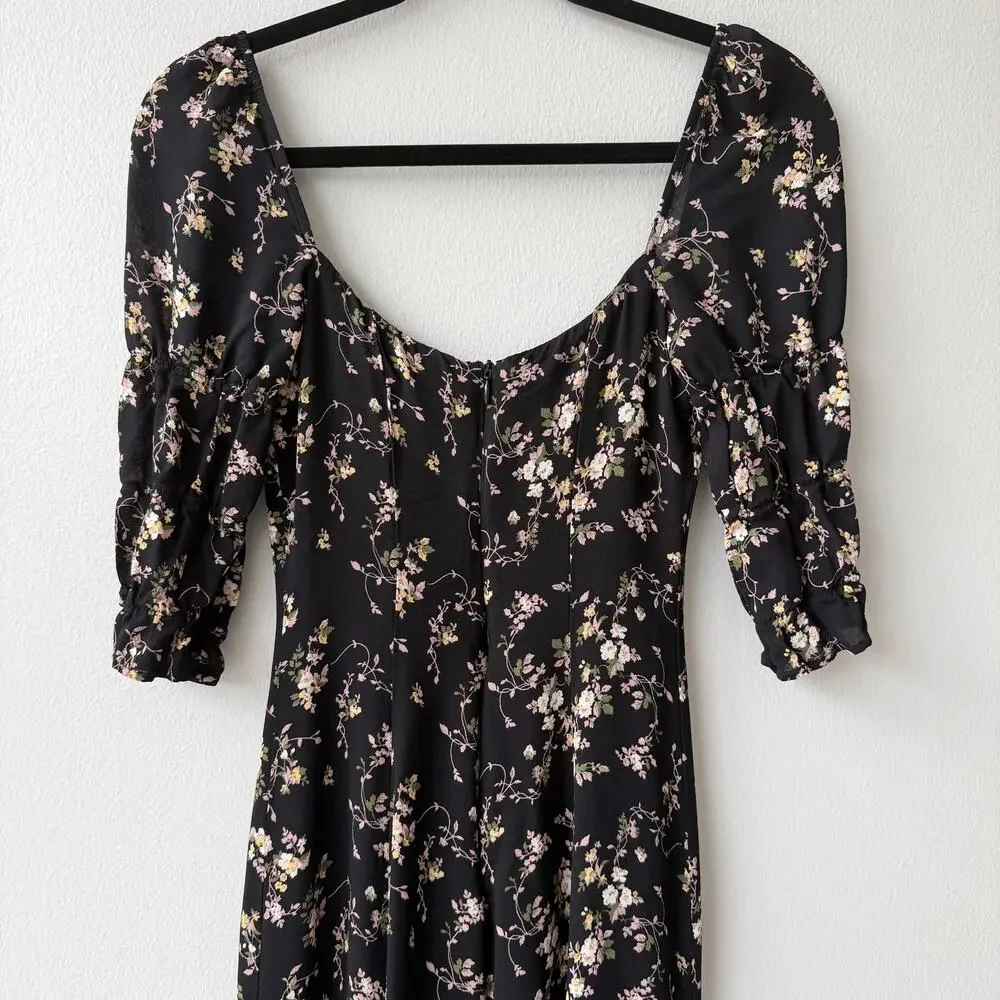 Reformation Clarissa Black Floral Midi Dress – Slit Crepe – Size M (US 6) - Picture 5 of 7